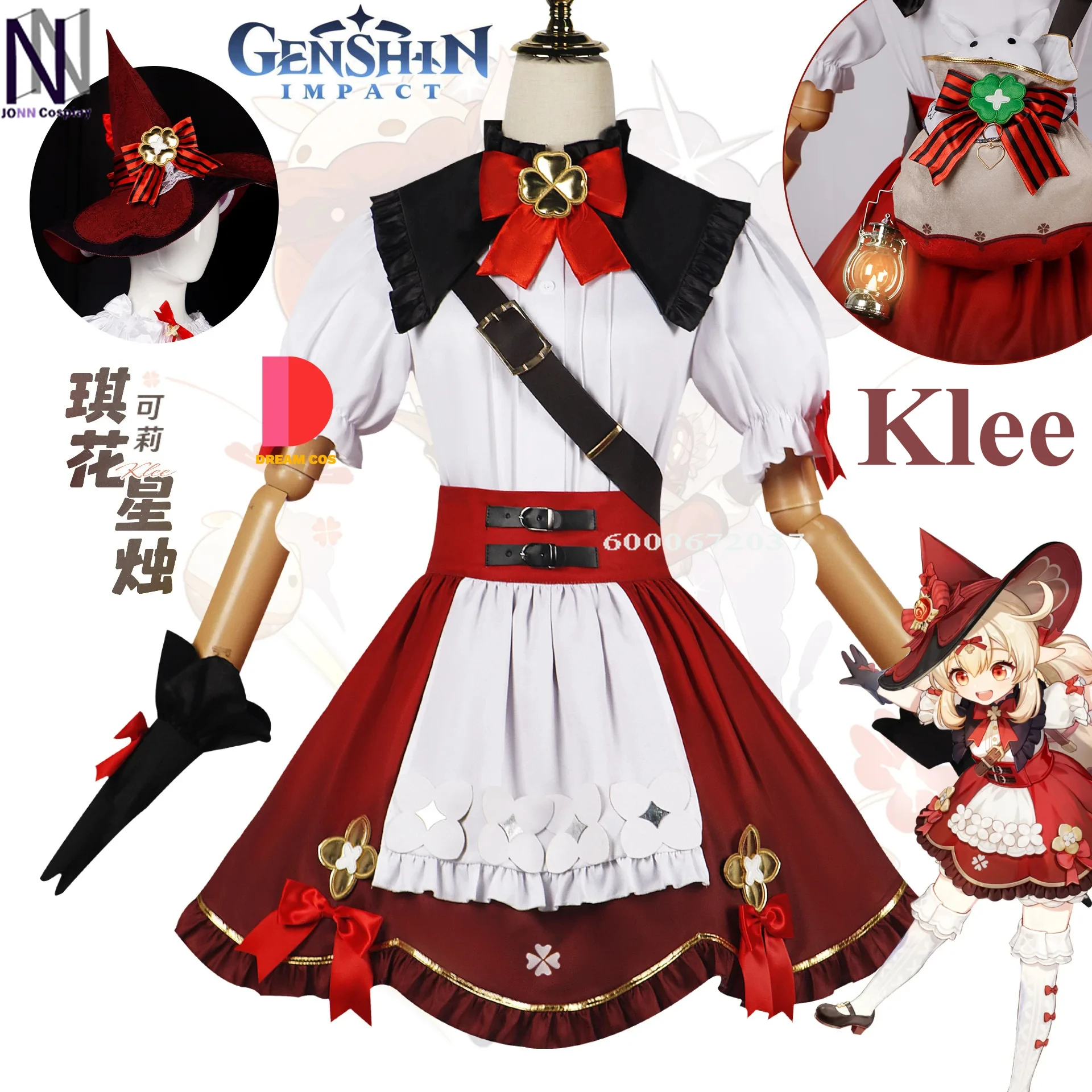 Genshin Impact Game Klee New Skin Cosplay Costume Doll Witch Red Dress Bag Little Witch Outfit for Women  Role Play Party Outfit