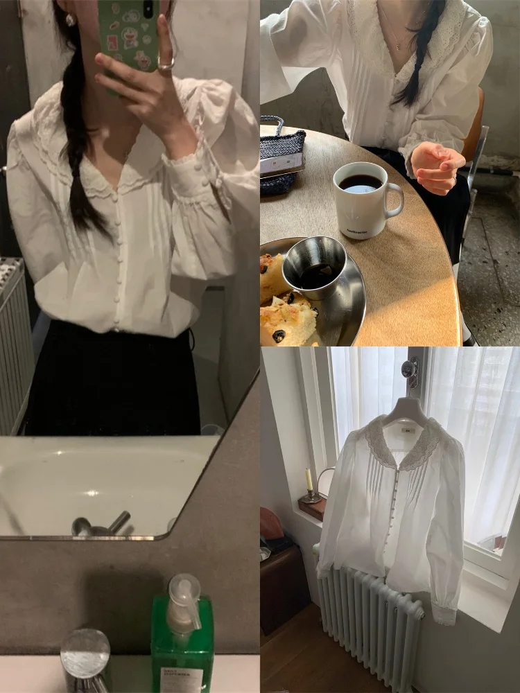 

French Sle Lace Collar Loose Bubble Sve V-Ne Women's irt Gentle Autumn Dongda Gate Ele Top Cotton Long Sve