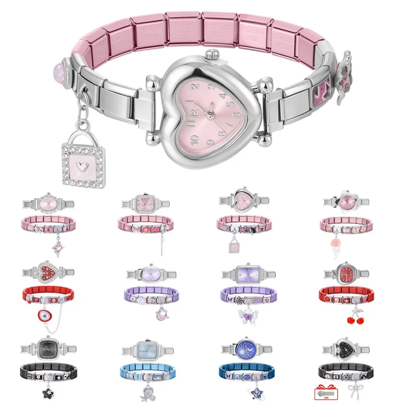 High Quality Fashion DIY 9MM Width Moon Heart Bow Pendant Charm Colorful Elastic Watch Bracelet Set Handmade For Birthday Gifts