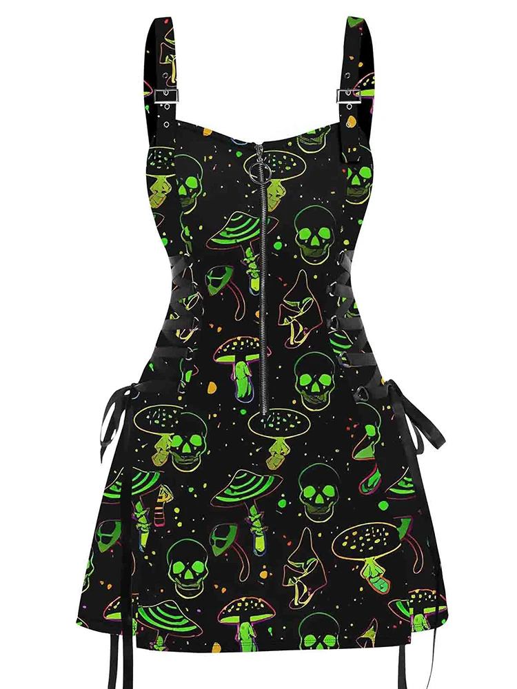 Women's Dresses Galaxy Skull Mushroom Print Lace Up Mini Dress Half Zipper Adjustable Buckle Strap Dress Summer Sleeveless Dress