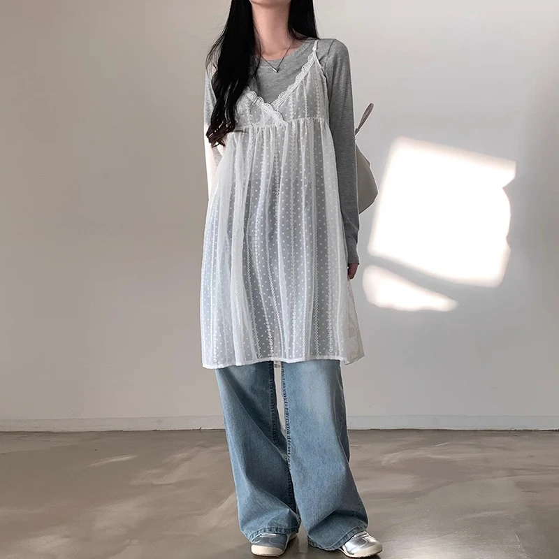 E Vestido Largo de Primavera con Cuello en V, Bordado con Encaje, Estilo Coreano, Manga Larga, Hoado, para Mujeres J...