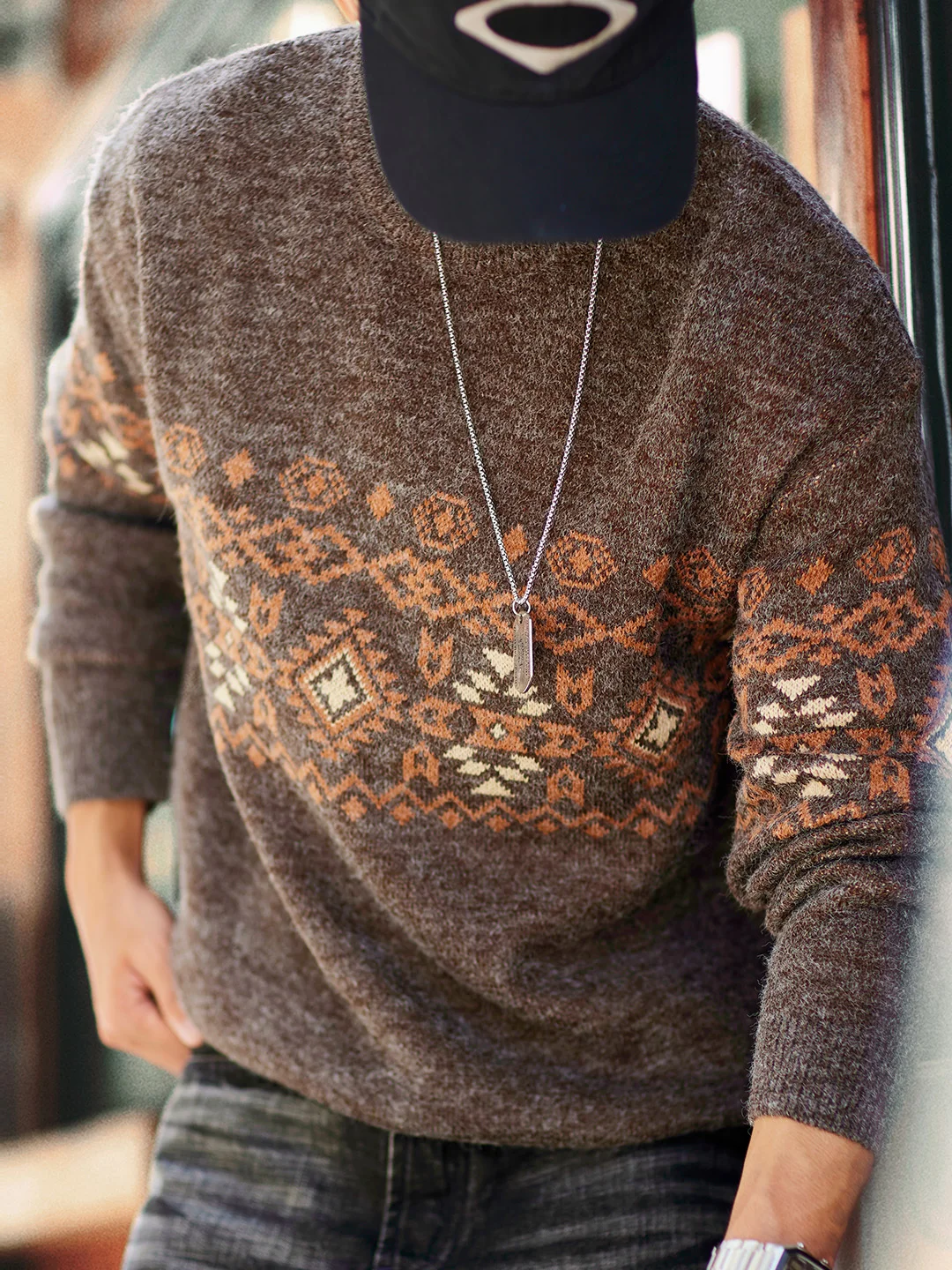 

Мужской зимний свитер в стиле ретро Fair Isle с круглым вырезом, новый, этнический, теплый, вязаный, мягкий, свободного кроя, повседневная верхняя одежда