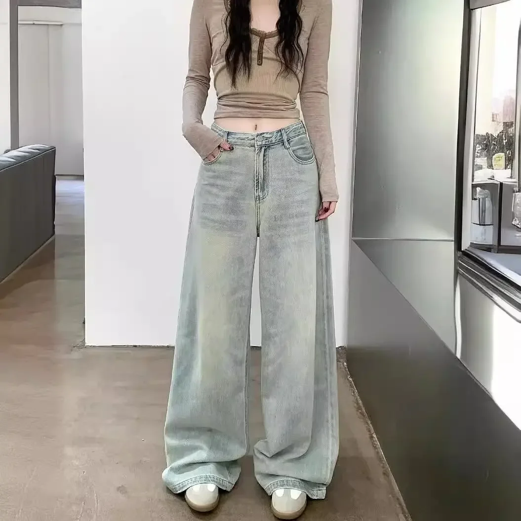 Vintage Washing Distressed Light Color Jeans Women's Loose Fit Bell Bottoms High Waisted Straight Leg Pants Floor Length Trouser