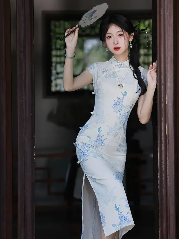 

Cheongsam, новинка 2023 года, летнее Ципао в китайском стиле, повседневное элегантное женское платье с цветочным принтом, улучшенное женское платье для молодых девушек