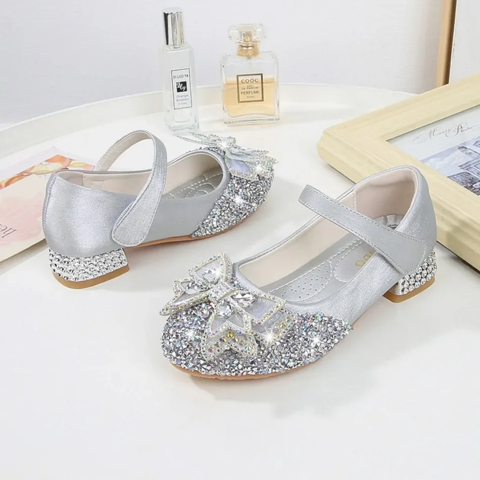 Cute Autumn Princess Shoes for Girls Fashion Elegant Party Wedding Show Shoes Butterfly Knot Glitter Children\'s Shoes with Heels