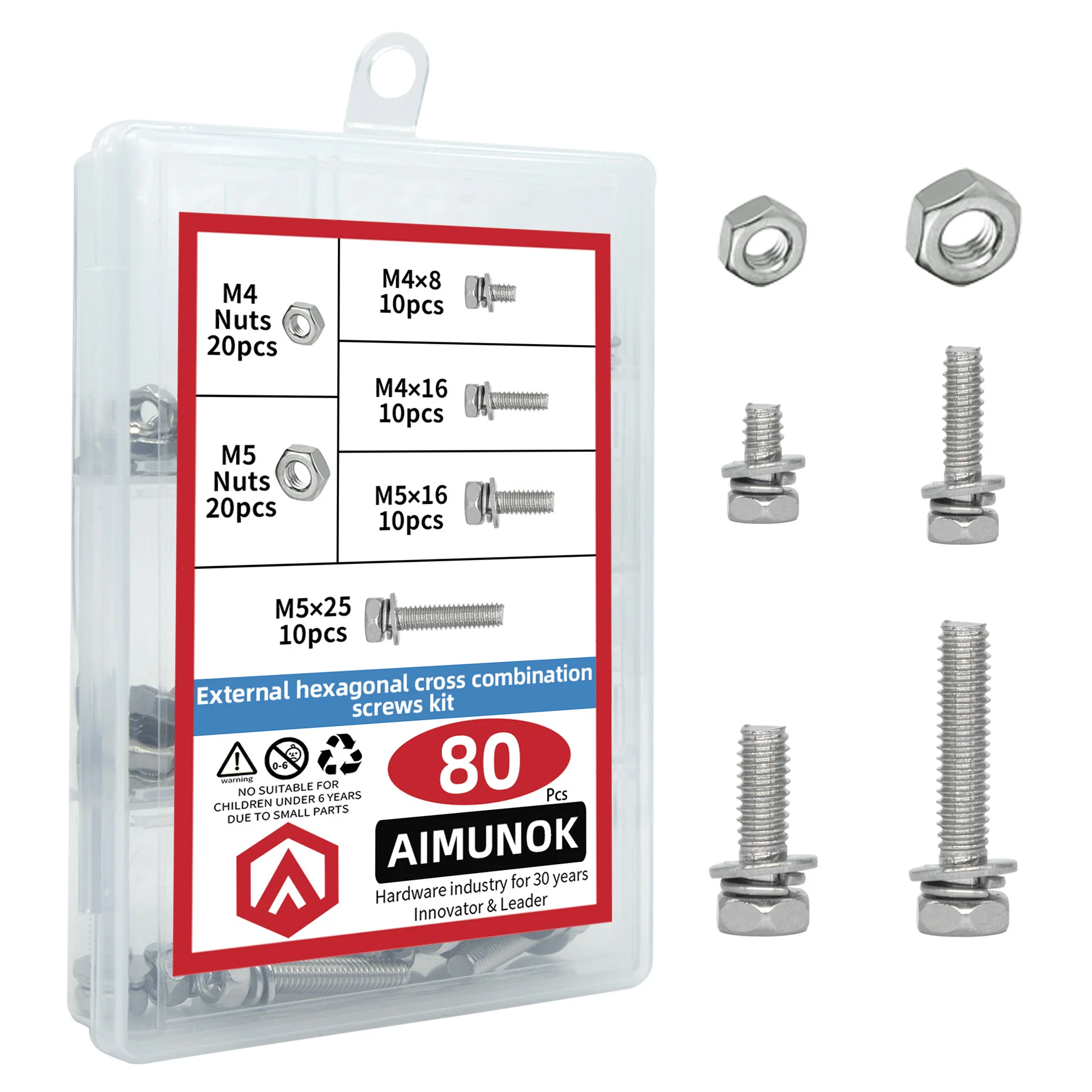 80Pcs 304 Stainless Steel Hex Head Cross Recessed Screws Set, Phillips Bolts with Nuts & Washers, Assortment Kit