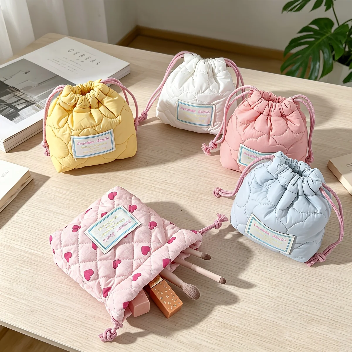 Cute Macaron-Colored Travel Toiletry Bag; Quilted Fluffy Soft Camera Bag, Portable Coin Purse, Drawstring Bag, Gift Packaging Bag, Can Hold Lipstick, Earphones, Change, Hair Accessories, Jewelry, Etc., Can Be Used with a Large Toiletry Bag