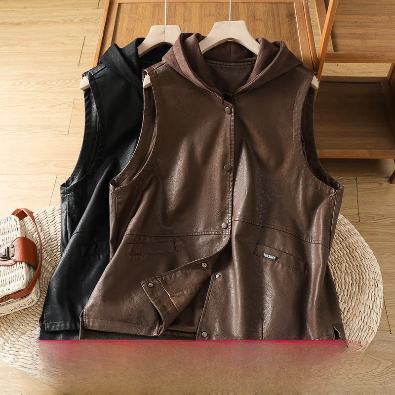 Hooded PU Leather Vest Women's Loose Outerwear Fashionable Autumn Top Ladies' Trendy Airy Style No-Tag Brand Commute Style