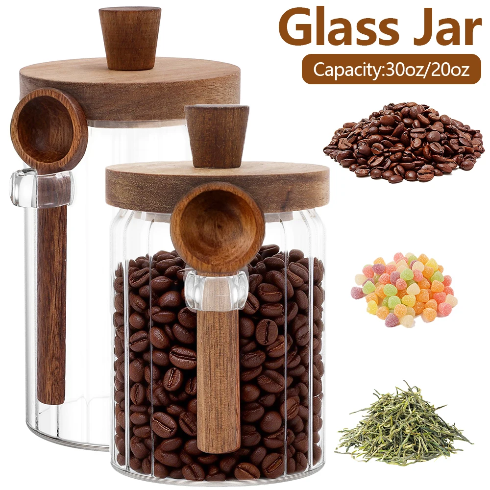 30oz/20oz Glasbehälter Transparenter Küchen-Vorratsbehälter mit Holzdeckel und Löffel Lebensmittel-Aufbewahrungsbehälter für Kaffeebohnen, Tee, Zucker