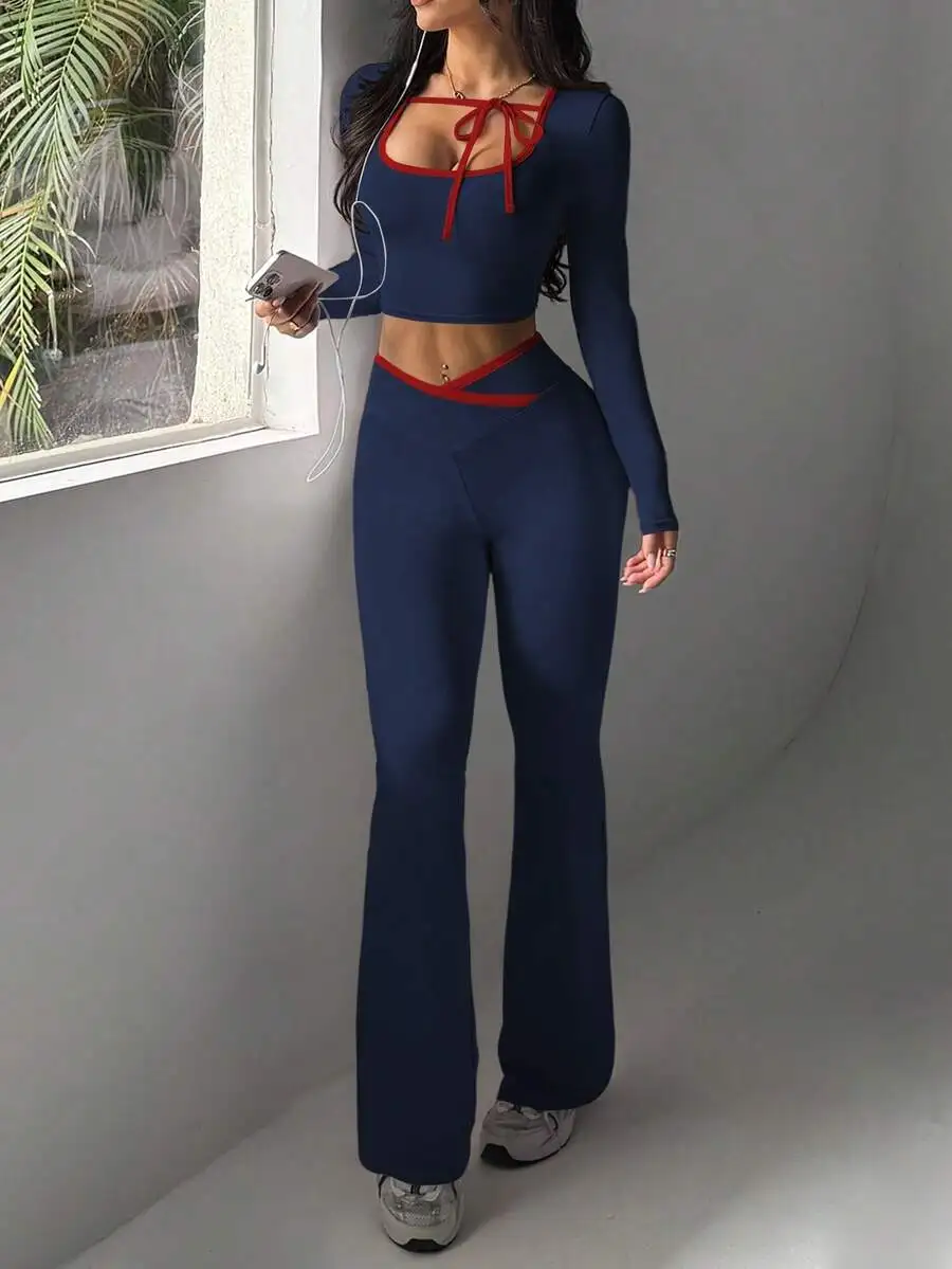 

Womens Contrast Color Crop Top And Flared Pants 2-Piece Set For Casual Sports Yoga Gym