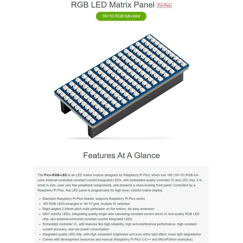 Waveshare RGB Full-Color LED Matrix Module for Raspberry Pi Pico, 16X10 Grid,with Embedded Controller IC and LED Chip