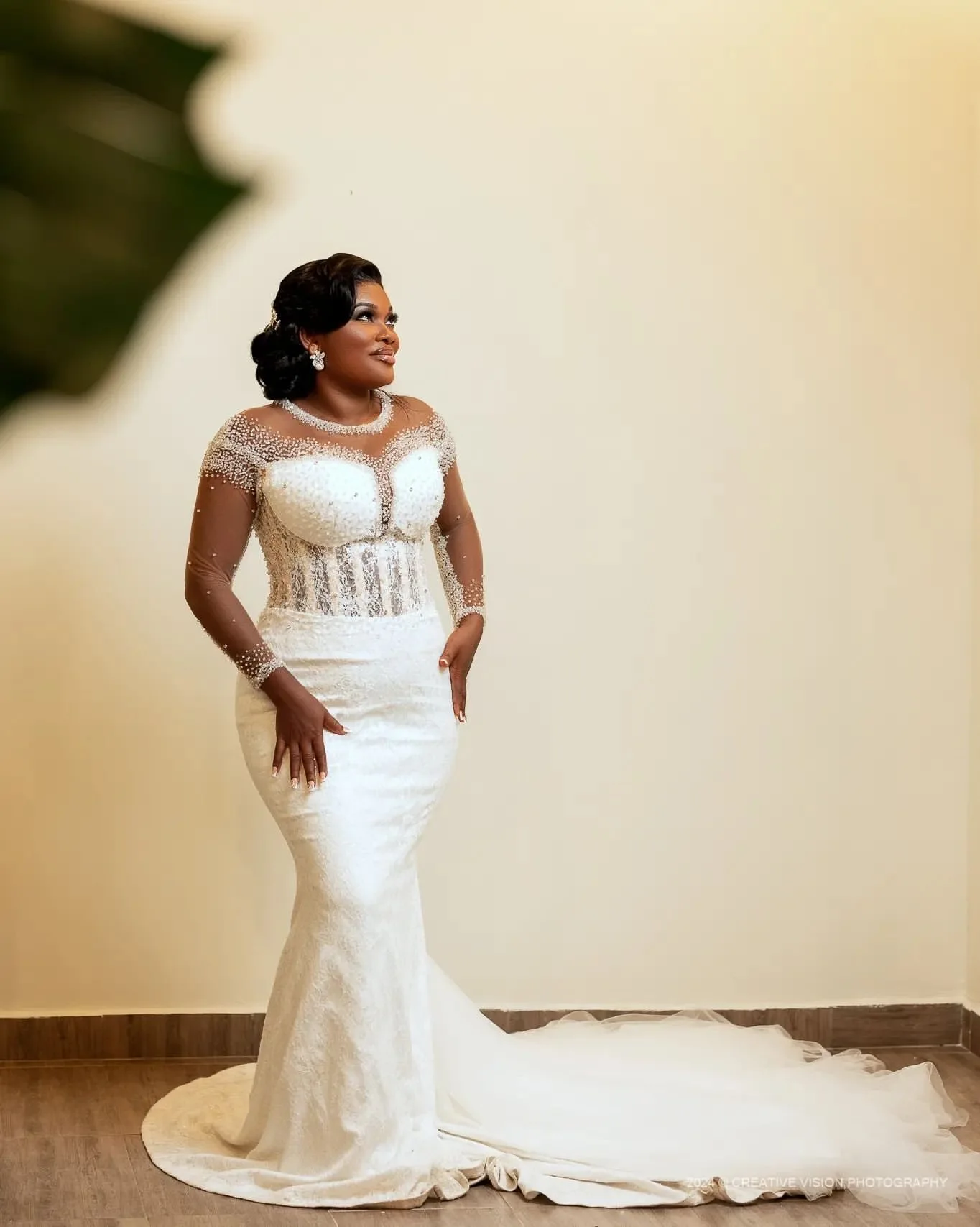 Robe de Mariée Sirène en Dentelle Ivoire, Grande Taille, Strass Perlés, Manches sulf, Cou Transparent, Patients, Quelles que soient les Robes, ZJ047, 2024