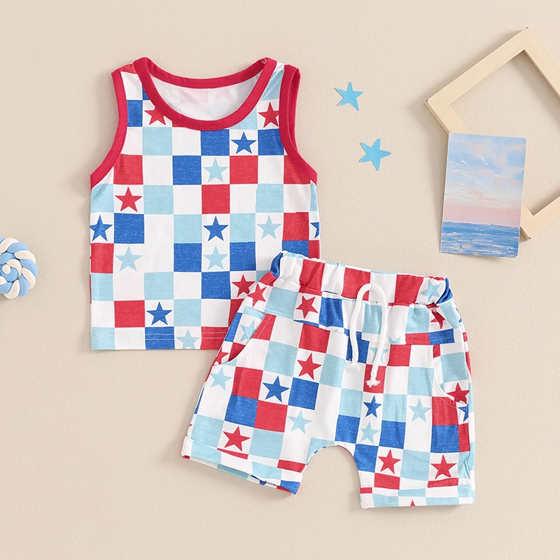 Baby Boy 4th of July Outfit Star Print Round Neck Sleeveless Tank Tops Checkerboard Elastic Waist Shorts Toddler Summer Set