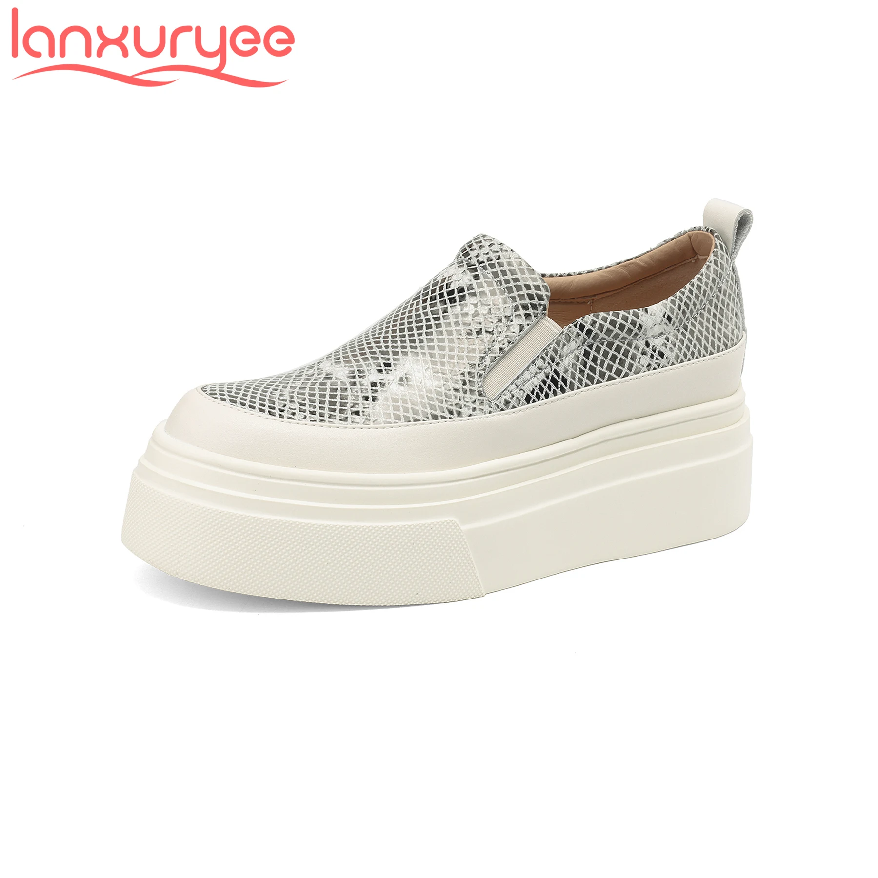 

Lanxuryee Ins Cow Leather High Heels Platform Casual Spring Women Vulcanized Shoes Concise Loafers Snake Pattern Luxury Sneakers