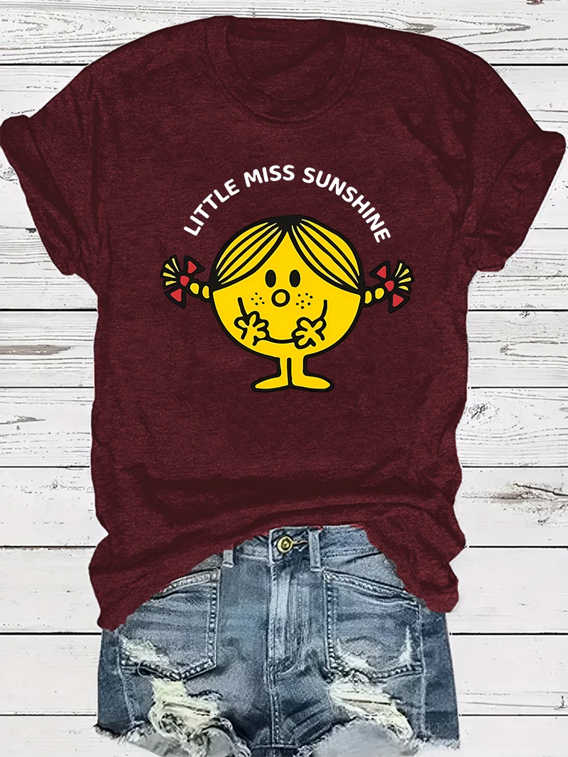 ليتل ميس أشعة الشمس المرأة طباعة الرسم تي شيرت ، قصيرة الأكمام ، جولة الرقبة ، قمم الصيف عارضة للنساء ، ملابس فتاة الكرتون