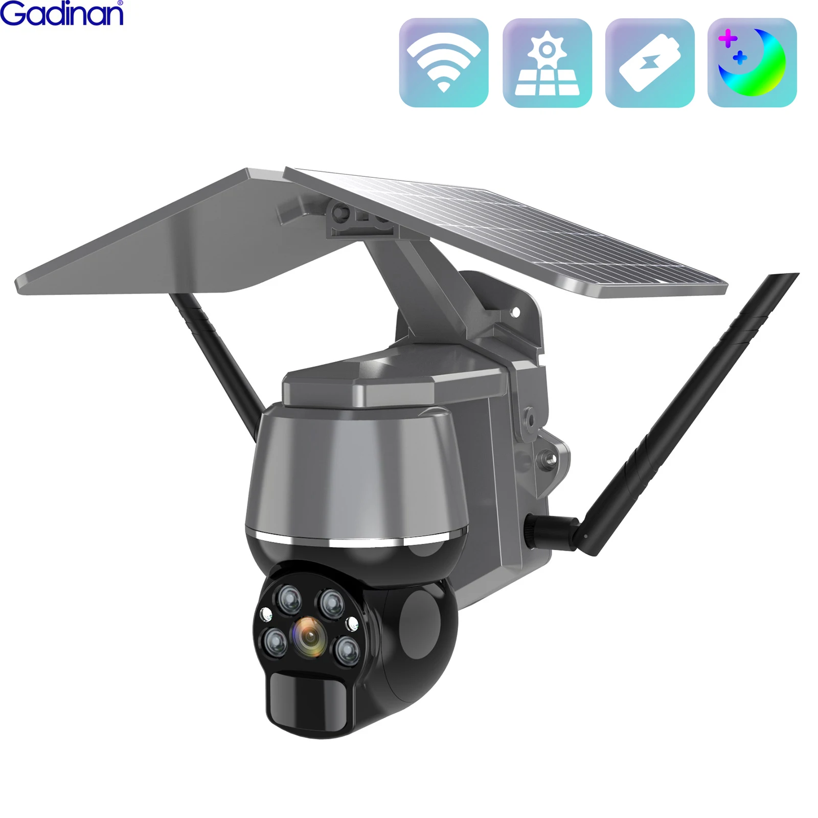 

Gadinan 6W Solar Wifi/4G PTZ Camera PIR Motion Detection 4x Digital Zoom Monitor Two-Way Audio 128GB Camera Color Night Vision