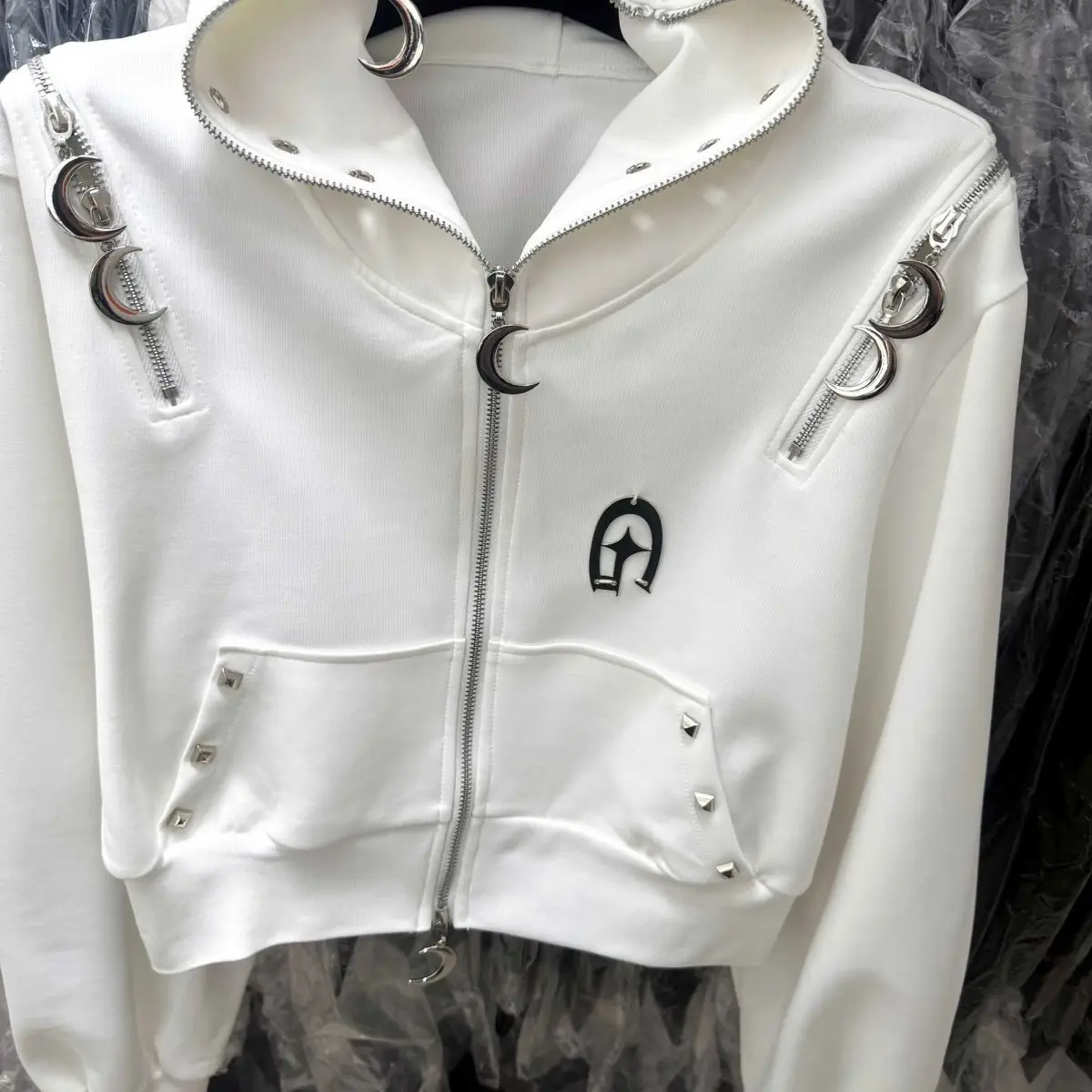 الأمريكية الرجعية هوديس المرأة القمر برشام القوطية الجرونج فضفاض الخريف Y2k 2000s الجمالية Harajuku الستر سستة الإناث البلوز #5