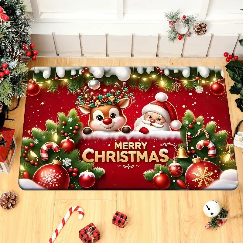 VIKAMA Christmas Doormat Non‑Slip Front Door Rug Washable Indoor Outdoor Xmas Reindeer Bauble Bell Winter Mat