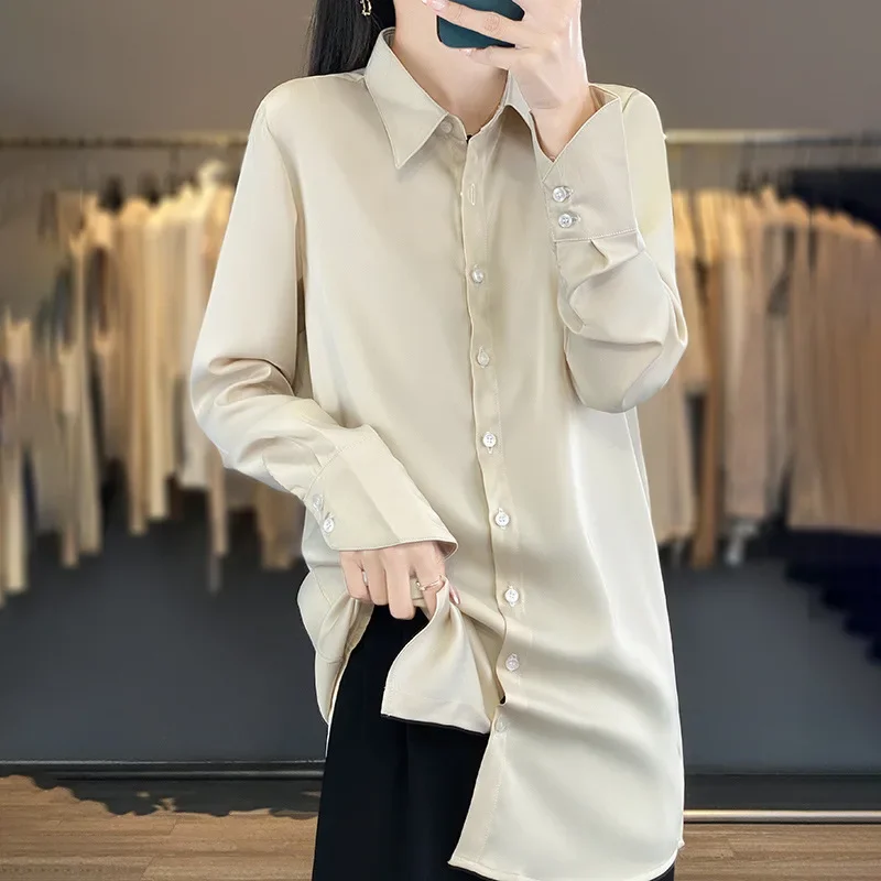 Summer Women Satin Long Sleeve Shirt Casual Ice Silk Button Midi Blouse Turn-down Collar Tee Lady Plain Shirts Women's Blouses