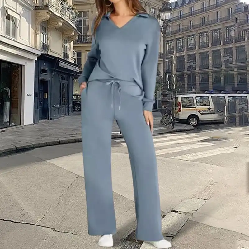 Women’s 2 Piece Loose V-neck top Top & Knot Front Pants Lounge Set with Long Sleeves drawstring flared pants two-piece set