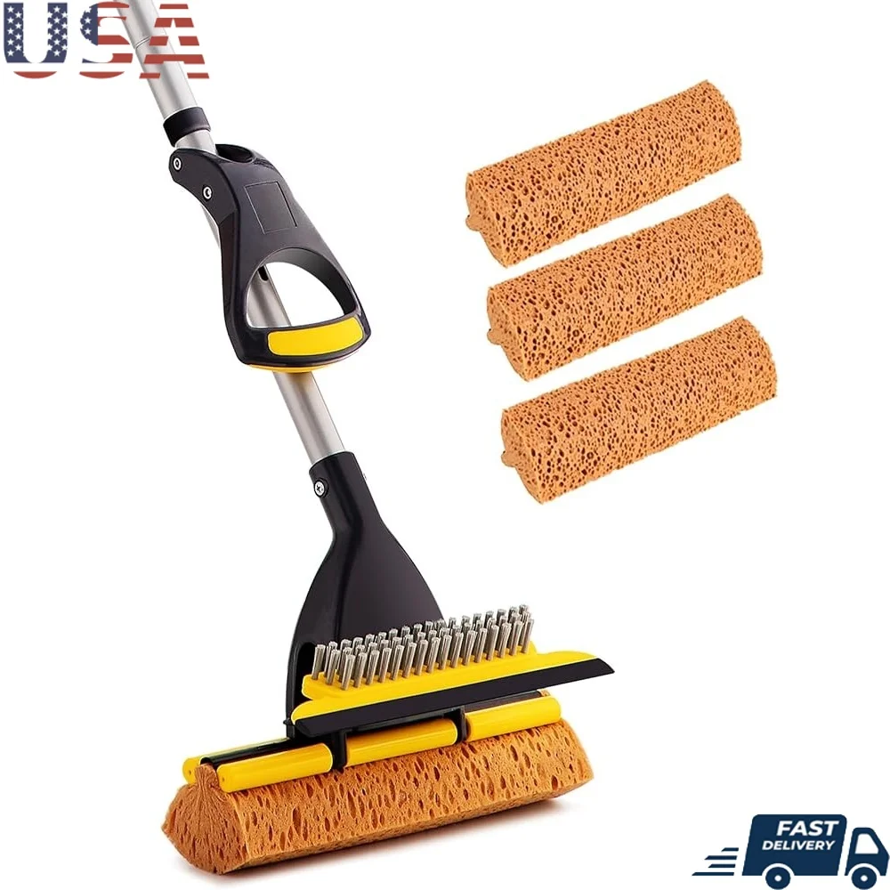 

Губчатая швабра с 3-мя насадками, регулируемая телескопическая ручка, ракель, легкая чистка пола, ванная комната, гараж, домашнее использование