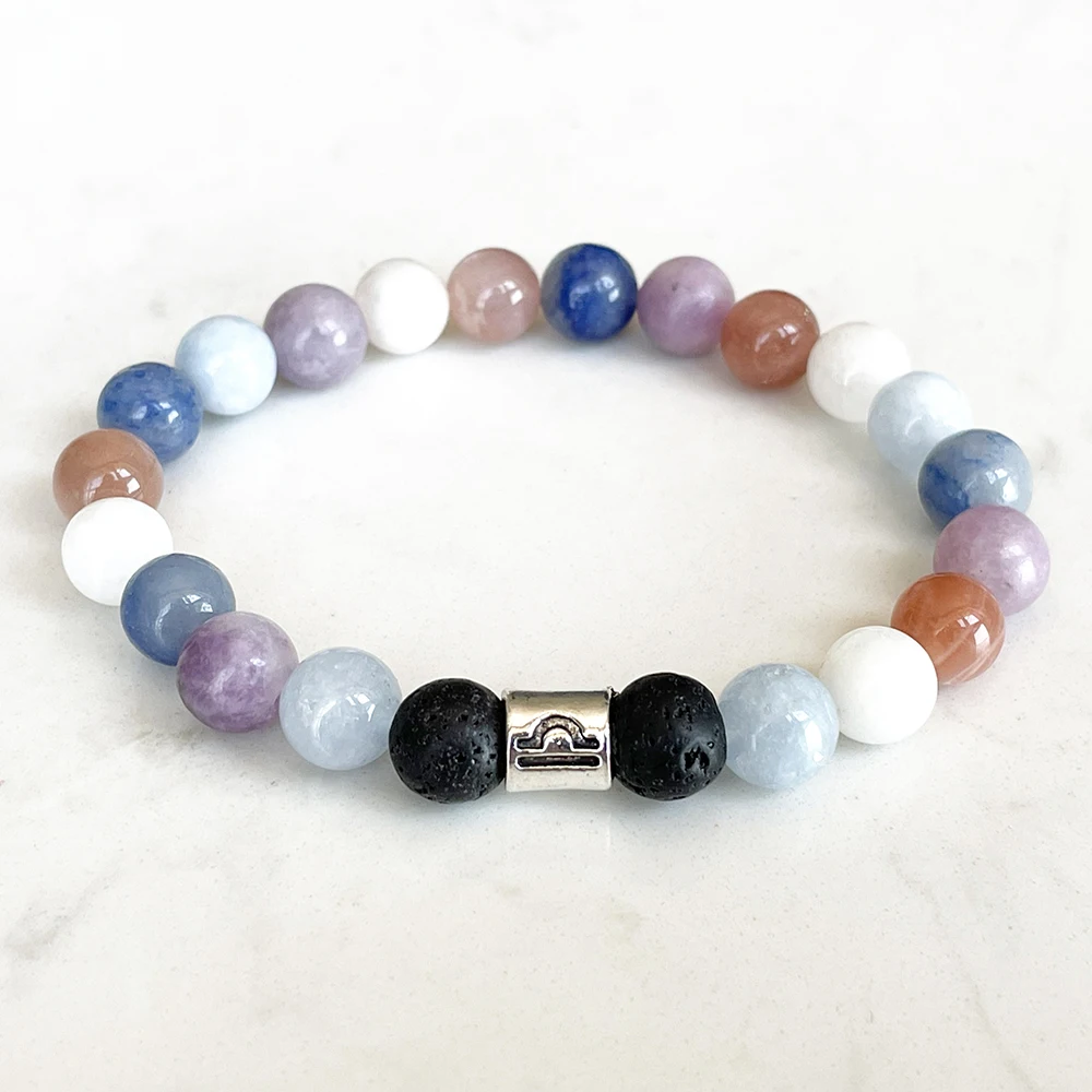 MG1635 New Design Libra Zodiac Bracelet 8 MM Aquamarine Sunstone Blue Aventurine Wrist Mala Natural Gemstone Jewelry