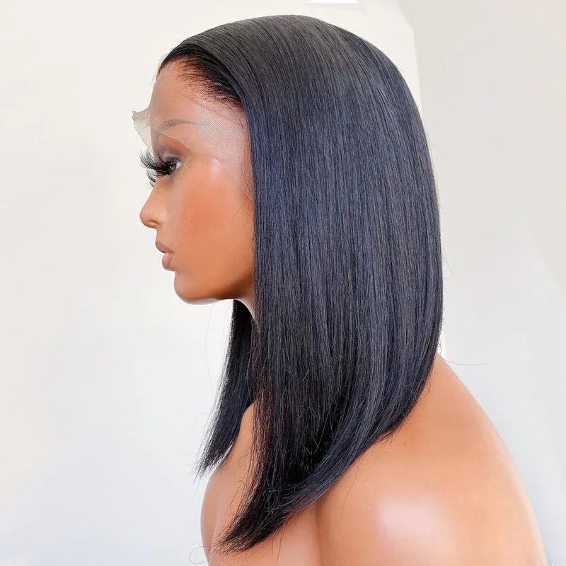 Perruque Bob Lace Front Wig synthétique sans colle, perruque lisse soyeuse, cheveux de bébé, densité 180, noir naturel, 18 po, pre-plucked, degré de chaleur, femmes