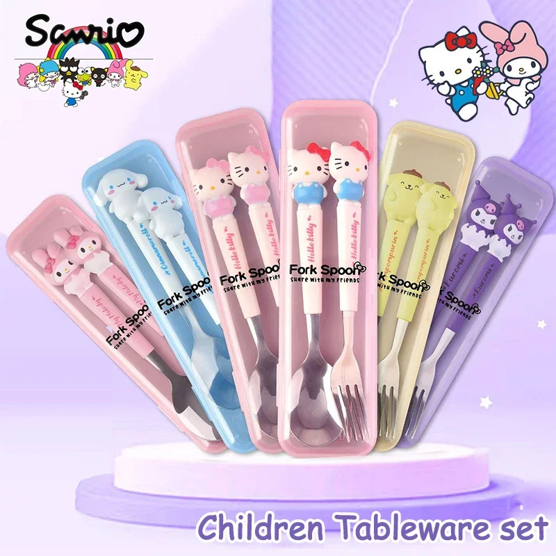 Kawaii Sanrio Children Tableware Hello Kitty Kuromi Silicone Handle Tableware Two-Piece Set Cinnamoroll Fork Spoon Kids Gifts