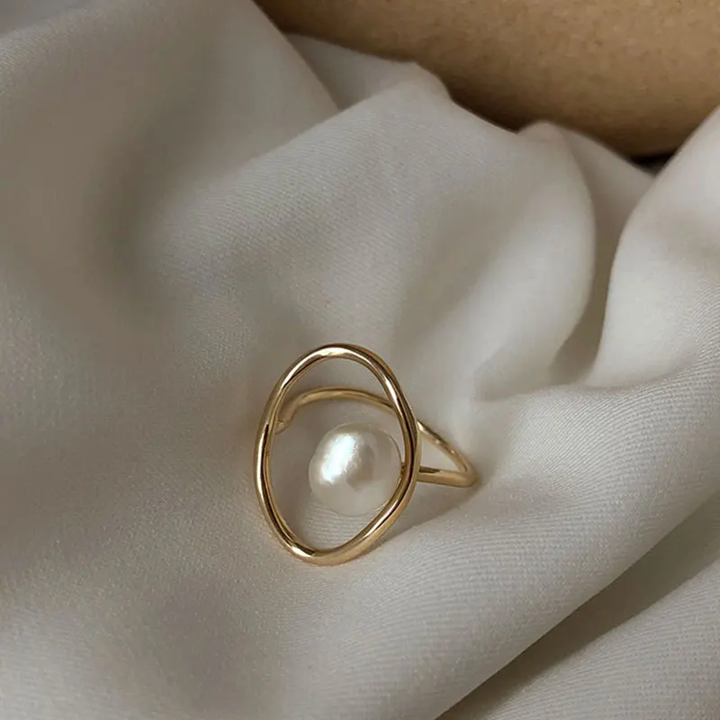 Promotion Jewelry Round Plastic Pearl Yellow Gold Color Ladies Party Ring Wholesale For Women Birthday Gifts No Fade