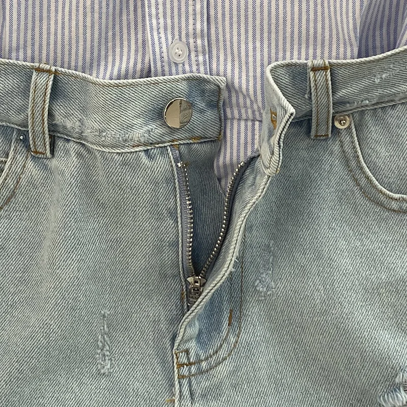 2025 Nuova tuta di jeans a righe blu autunno da donna in cotone finto pagliaccetto in due pezzi con colletto tuta da donna