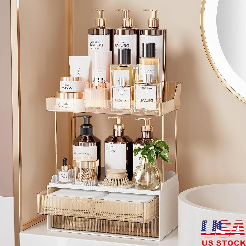 

2-Tier 2-Drawer Makeup Organizer Bathroom Storage Vanity Countertop Easy Installation Space Saving Waterproof Acrylic Organizer