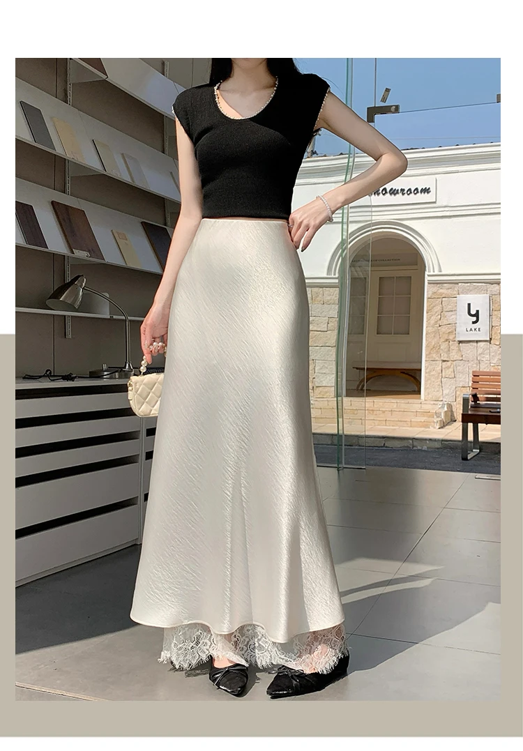 2026 Sommer Herbst Neuer Schlanker Hochwertiger Modischer Halbrock Eleganter Spitzenbesatz Satin Seitenschlitz Damen Midi-Rock – Detail 14