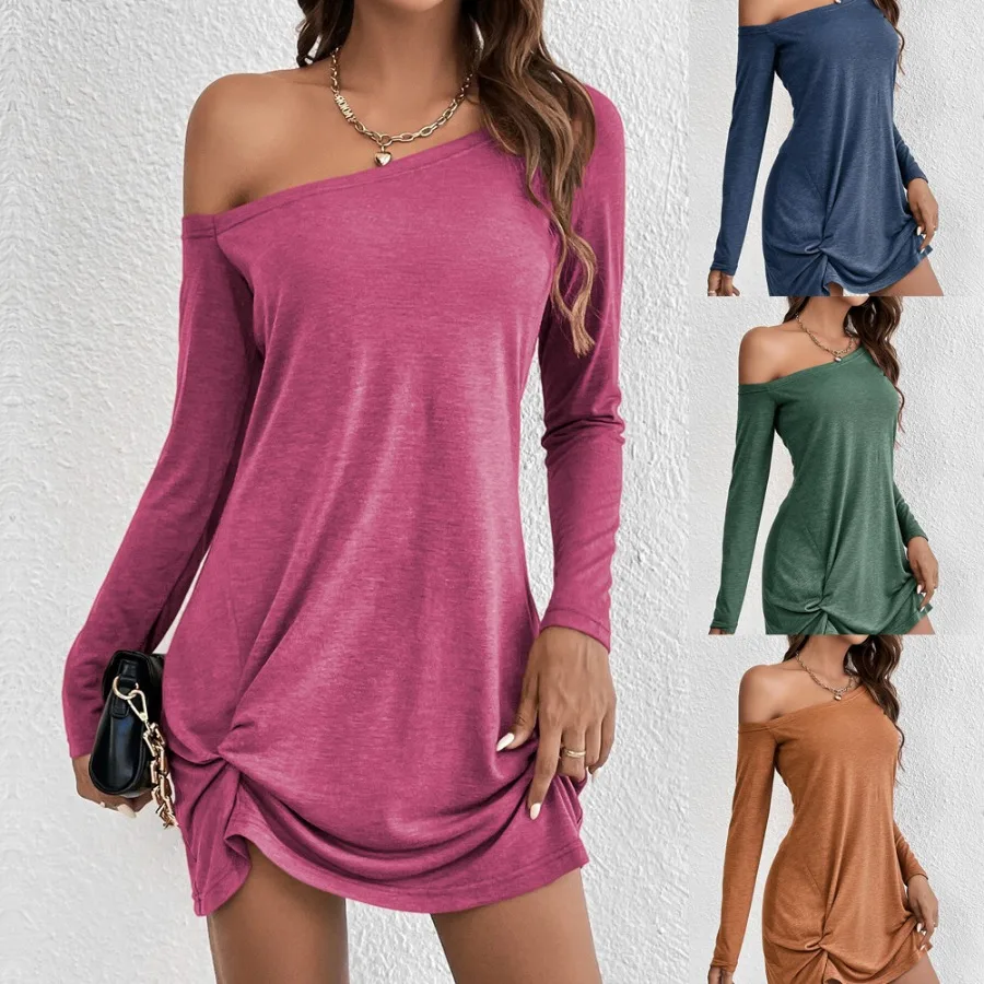 

【New style】2026ebay wish spring and summer new european and american long sleeve loose solid color t-shirt casual dress women's
