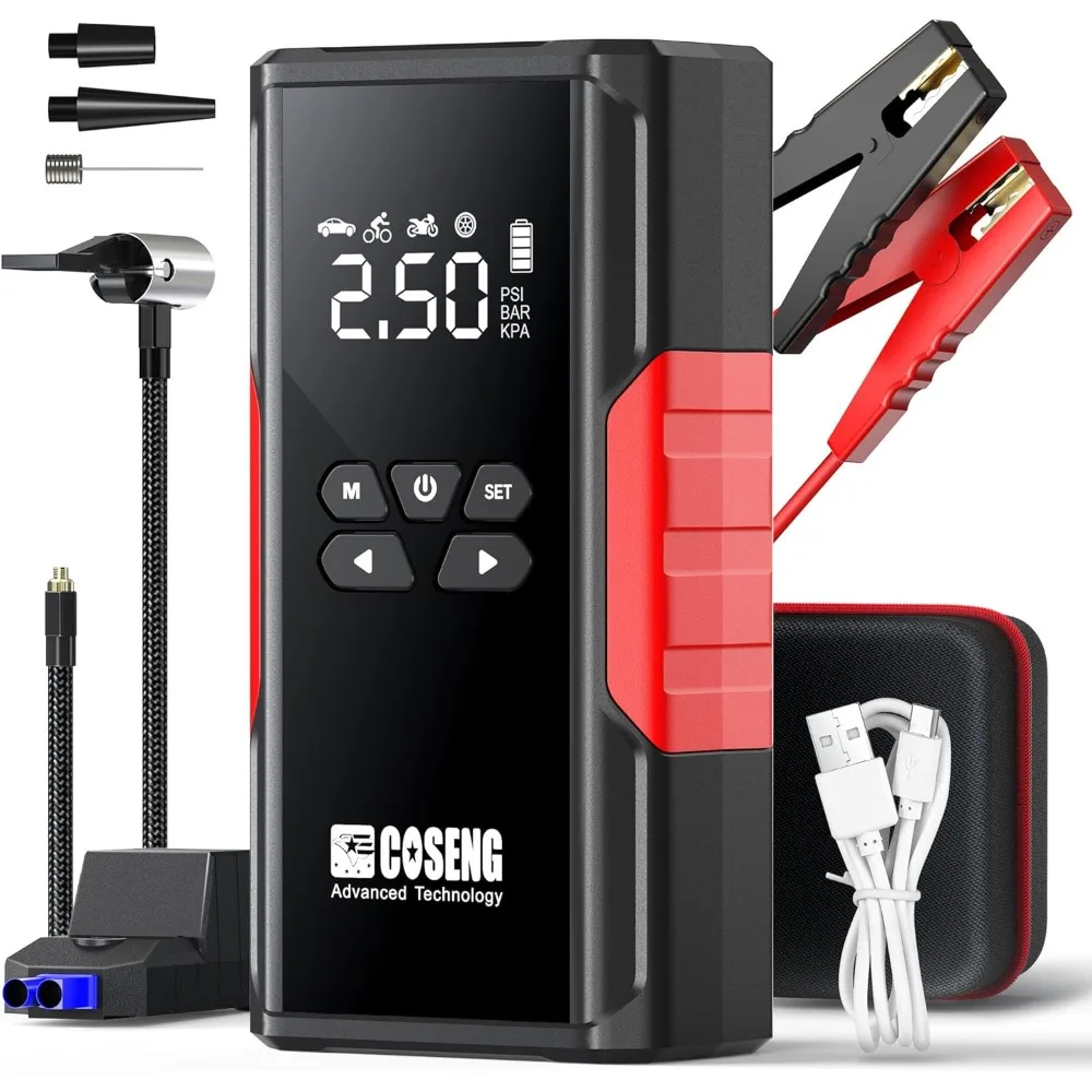J26 مشغل قفز السيارة المحمول مع ضاغط الهواء، معزز بطارية السيارة 3500 أمبير 12 فولت (جميع محركات الديزل التي تصل إلى 6.0 لتر)، 150 رطل لكل بوصة مربعة T