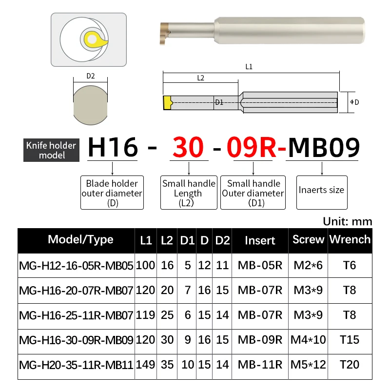 Imagem -03 - Barra Pequena do Cortador do Sulco Suporte Interno Inserções Profundas da Vírgula do Furo Ferramenta de Giro Cnc Mg-h12 H16 H20 Mb05r 07r 09r 11r