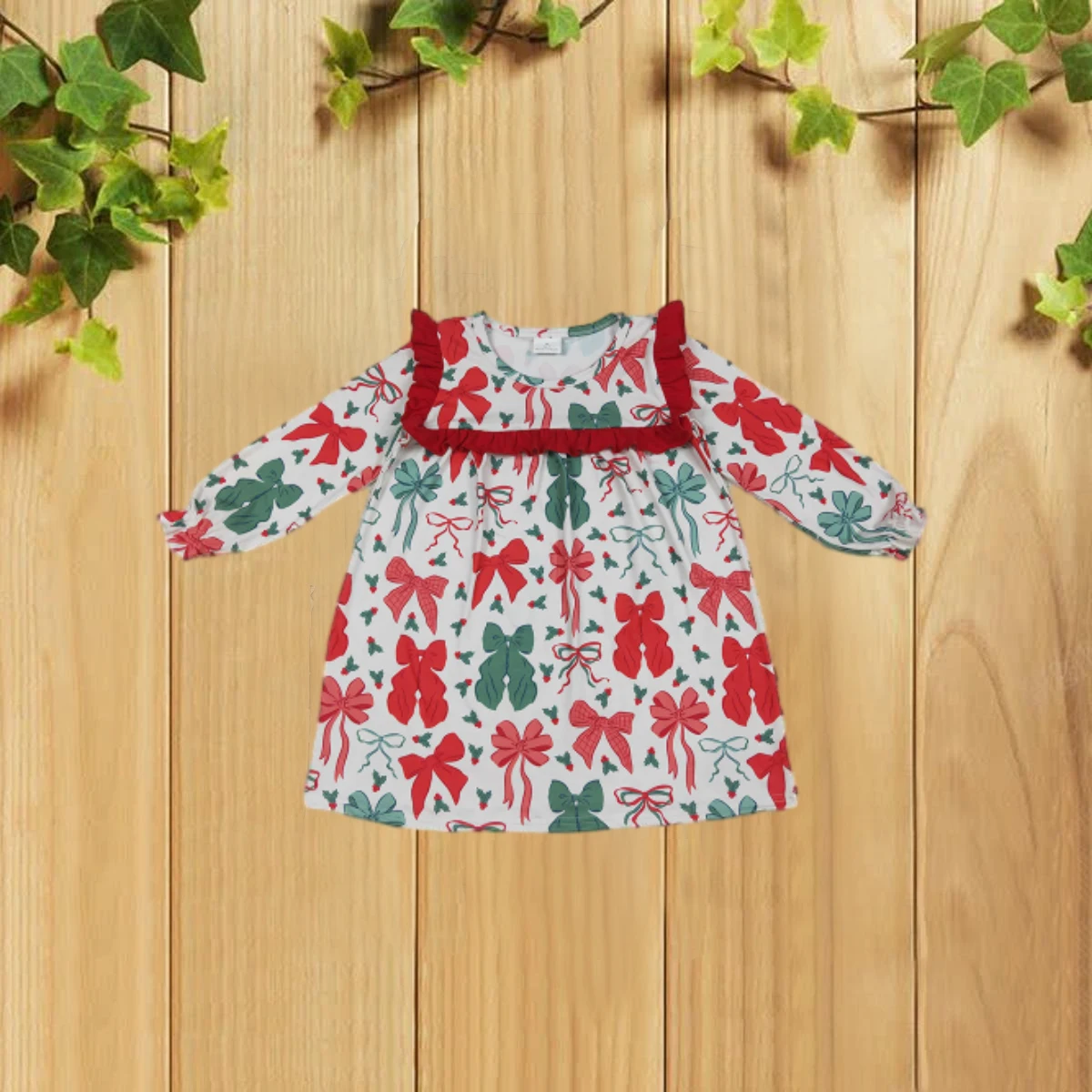 

7.24 Cute Christmas Red Green Ribbon Pattern Lace Long Sleeve Children's Dress for Kids Elegant Skirt with Flounce Hemline