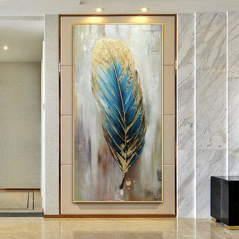 Hand Painted Abstract Oil Painting, Nordic Modern Gold Foil Leaf & Feather Wall Art, Hanging Decor for Entryway