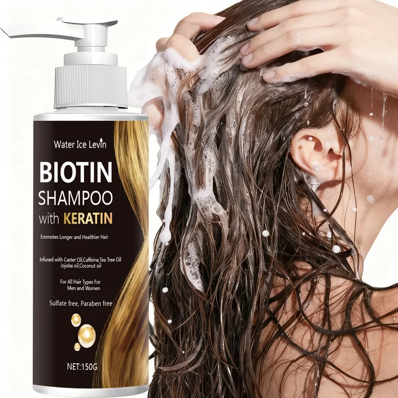 Shampoo de biotina e queratina Water Ice Levin, sem sulfato/parabenos, com óleos nutritivos, para cabelos mais saudáveis, todos os tipos de cabelo