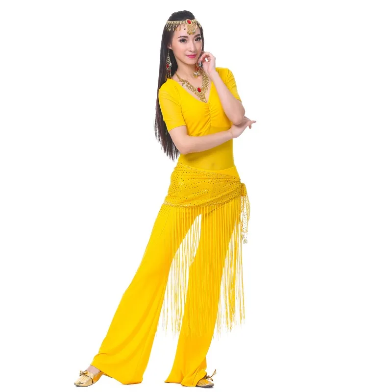 op maat gemaakte midden gerimpeld semi-transparant garen buikdanskostuums met korte mouwen oefenkleding set top + broek + tailleketting