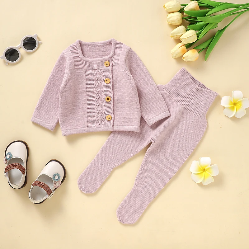 Autumn Infant Kids Girls Clothes Winter Cute Pink Full Sleeve Knitwear Tops+Pants Toddler Girls Outfits 0-1Y Children\'s Knitwear