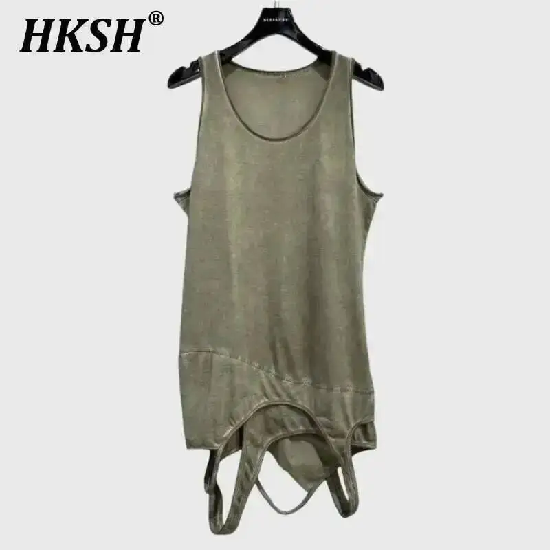 

HKSH Spring Summer New Men Dark Punk Waste Land Style Trend Spliced Niche Design Sleeveless T-shirt Dark Cotton Tank Tops HK4539
