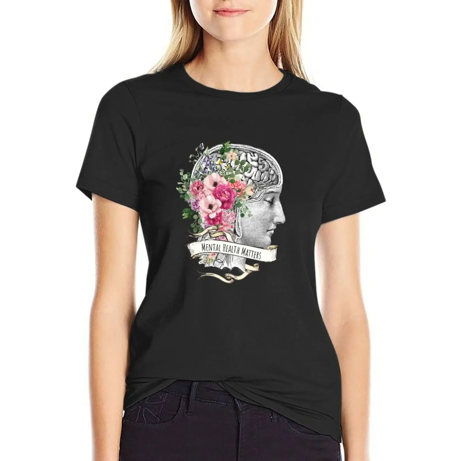 Roses floral mental health matters brain psychologgyy T-shirt oversized workout shirts for Women