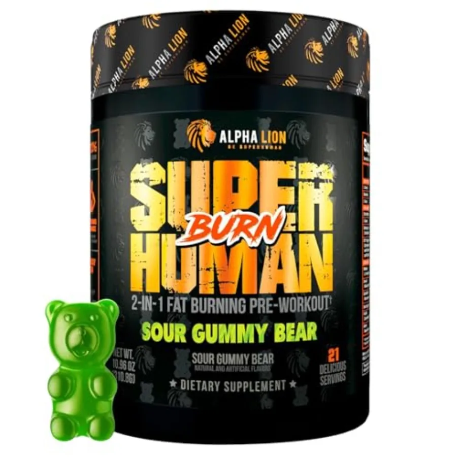 

Superhuman Burn 2 in 1 Metabolism Booster Pre Workout and Men's Thermogenic Fat Burner Sour Gummy Bear Hulk Juice Package Varie