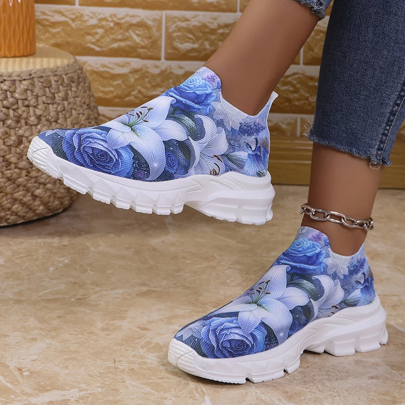 Fashion Flowers Platform Sneakers Women Autumn Breathable Knitted Non-slip Sports Shoes Woman Slip-on Soft Bottom Sock Shoes