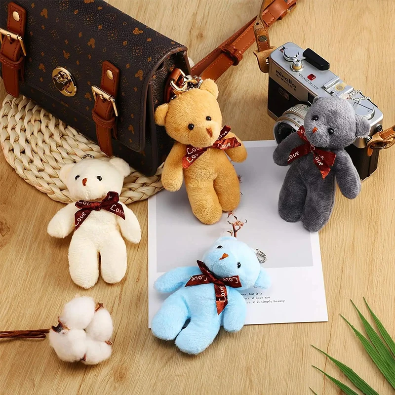 6/12 قطعة سلسلة مفاتيح على شكل دب تيدي مخملي مع فيونكة شريطية، إكسسوارات حقيبة ظهر، هدية عيد الحب وأعياد الميلاد