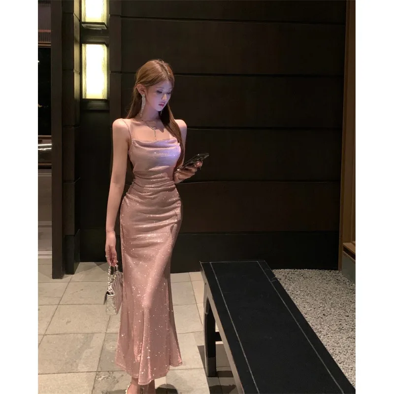 Vestido Largo Sexy sin Tirantes, Material de Seda, Ajustado a la Cintura, Estilo Femenino, Estampado de Lunares, Sin Mangas, ...