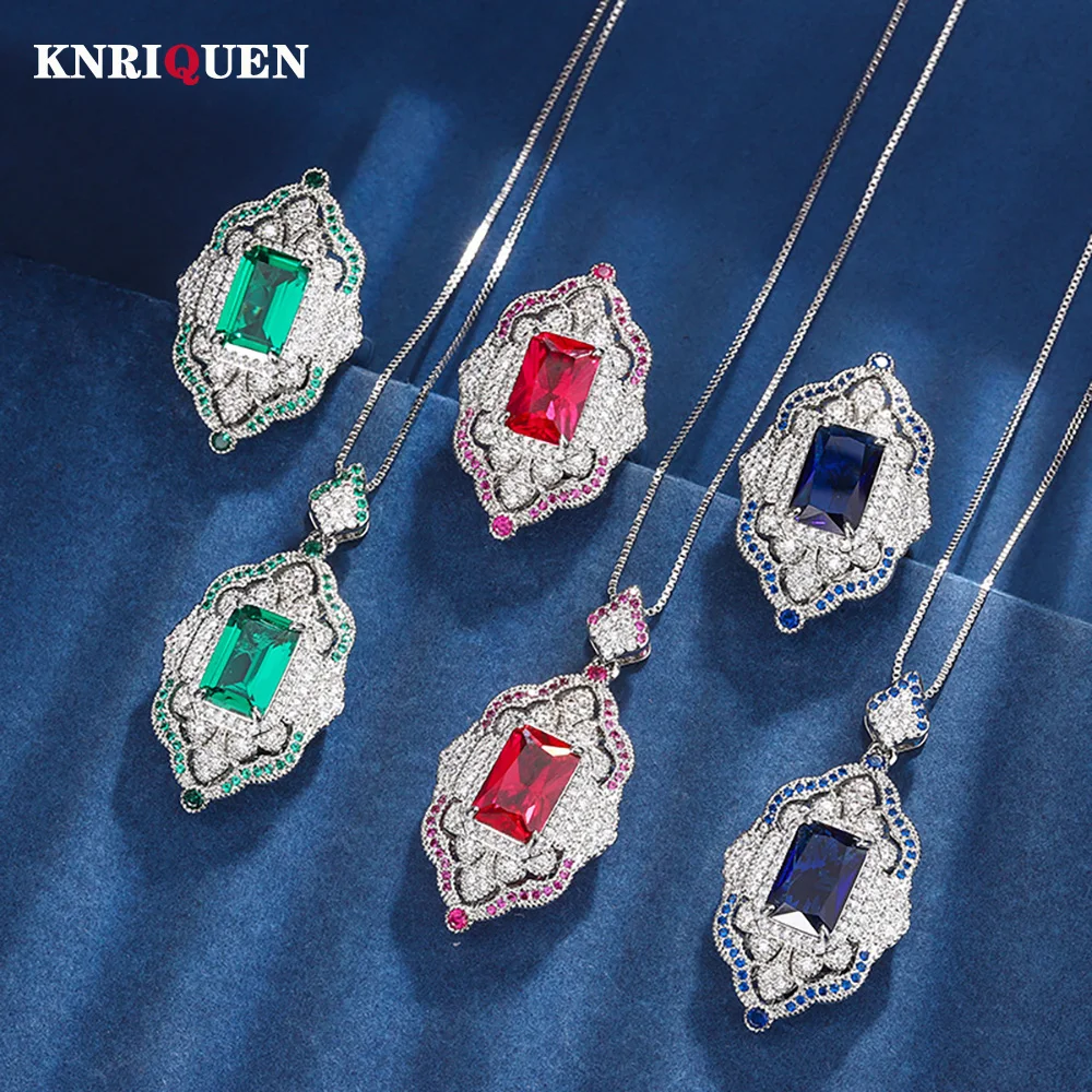 

Retro 8*12mm Emerald Ruby Sapphire Noble Court Jewelry Sets for Women Gemstone Wedding Party Pendant Necklace Ring Set Wholesale