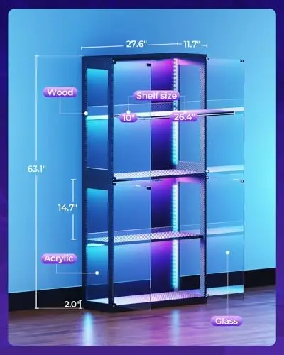 Display Case with LED Lights, Display Cabinet with Glass Storage Shelves and Industrial Metal Mesh, 4-Tier Display
