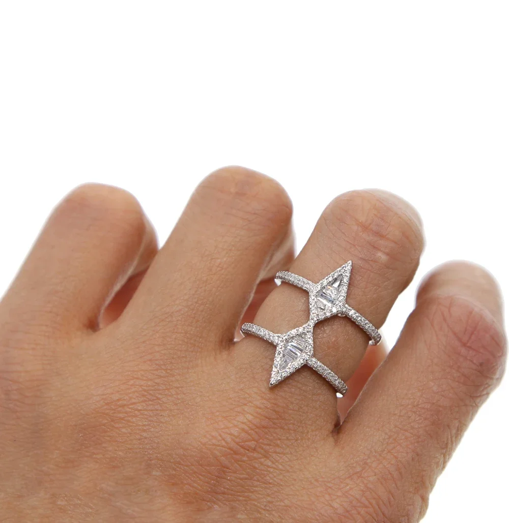 2018 wedding engagement sparking bling cz jewelry women lady H shape triangle full finger jewelry luxury fashion ring