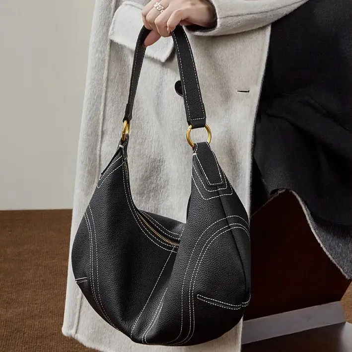 Large Capacity Shoulder Bag Genuine Leather Casual Relaxed Style, Spacious, Soft Durable Handbag, Fashionable Casual Horn-Handle - view 3